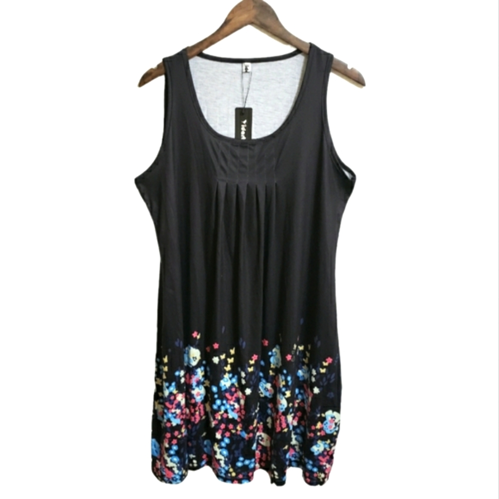 NWT Yidarton Black Sleeveless Tank Dress With Flowers Women's Size XL